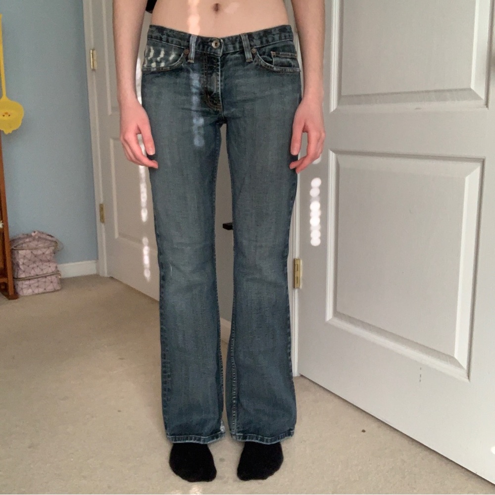 distressed grunge mid rise flare leg medium wash jeans by express